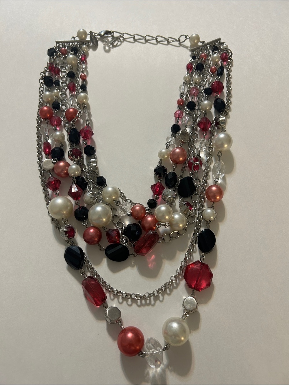 WHBM Multi-Strand Statement Necklace Red Black Pearl Silver